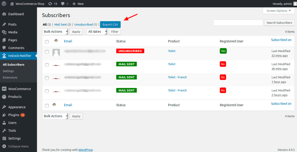 Export CSV - Back In Stock Notifier for WooCommerce screenshot 1