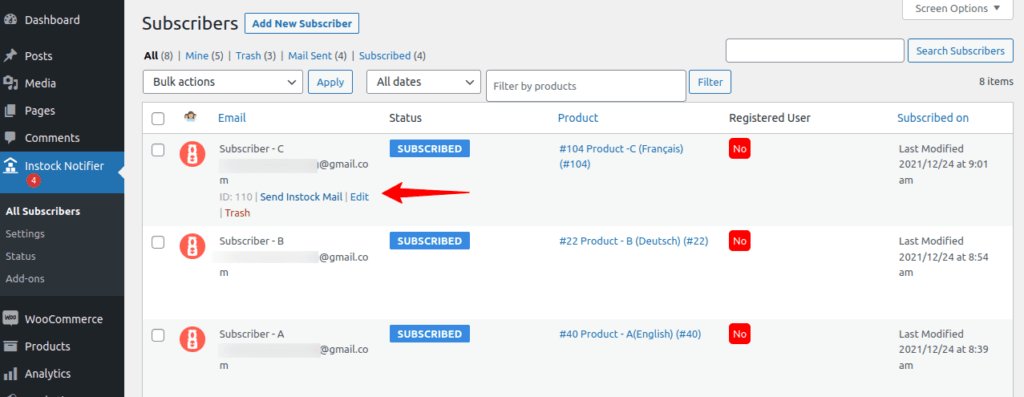 Edit Subscribers - Back In Stock Notifier for WooCommerce screenshot 3