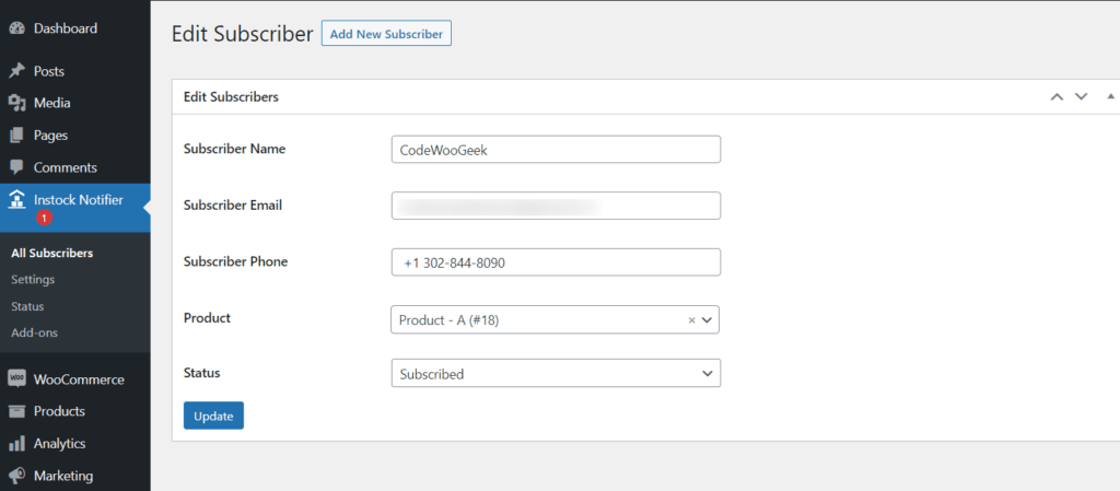 Edit Subscribers - Back In Stock Notifier for WooCommerce screenshot 4