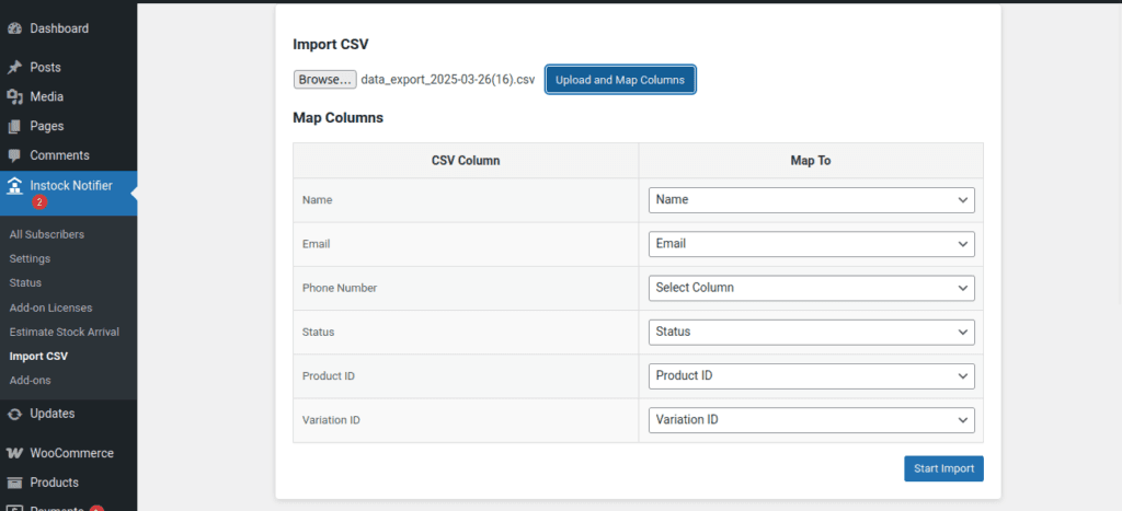 Import CSV - Back In Stock Notifier for WooCommerce screenshot 3