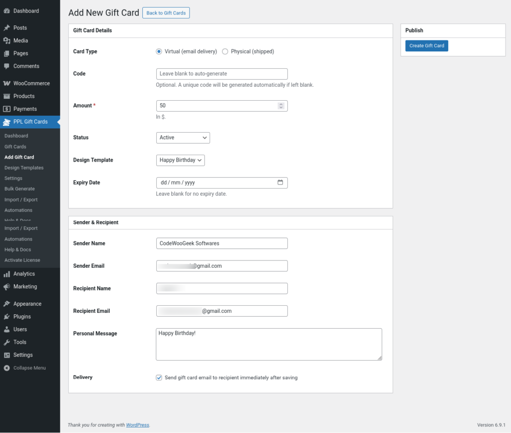 Gift Cards for WooCommerce screenshot 3