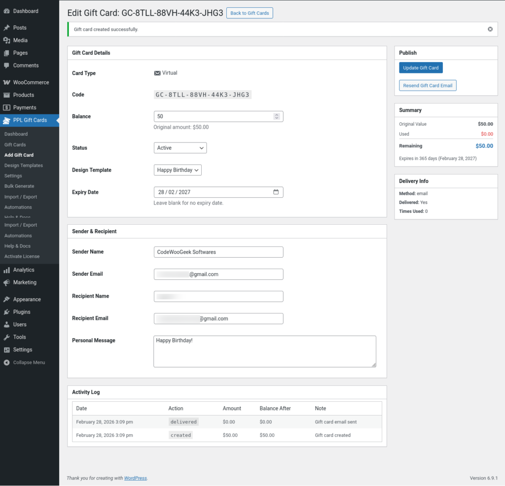 Gift Cards for WooCommerce screenshot 4